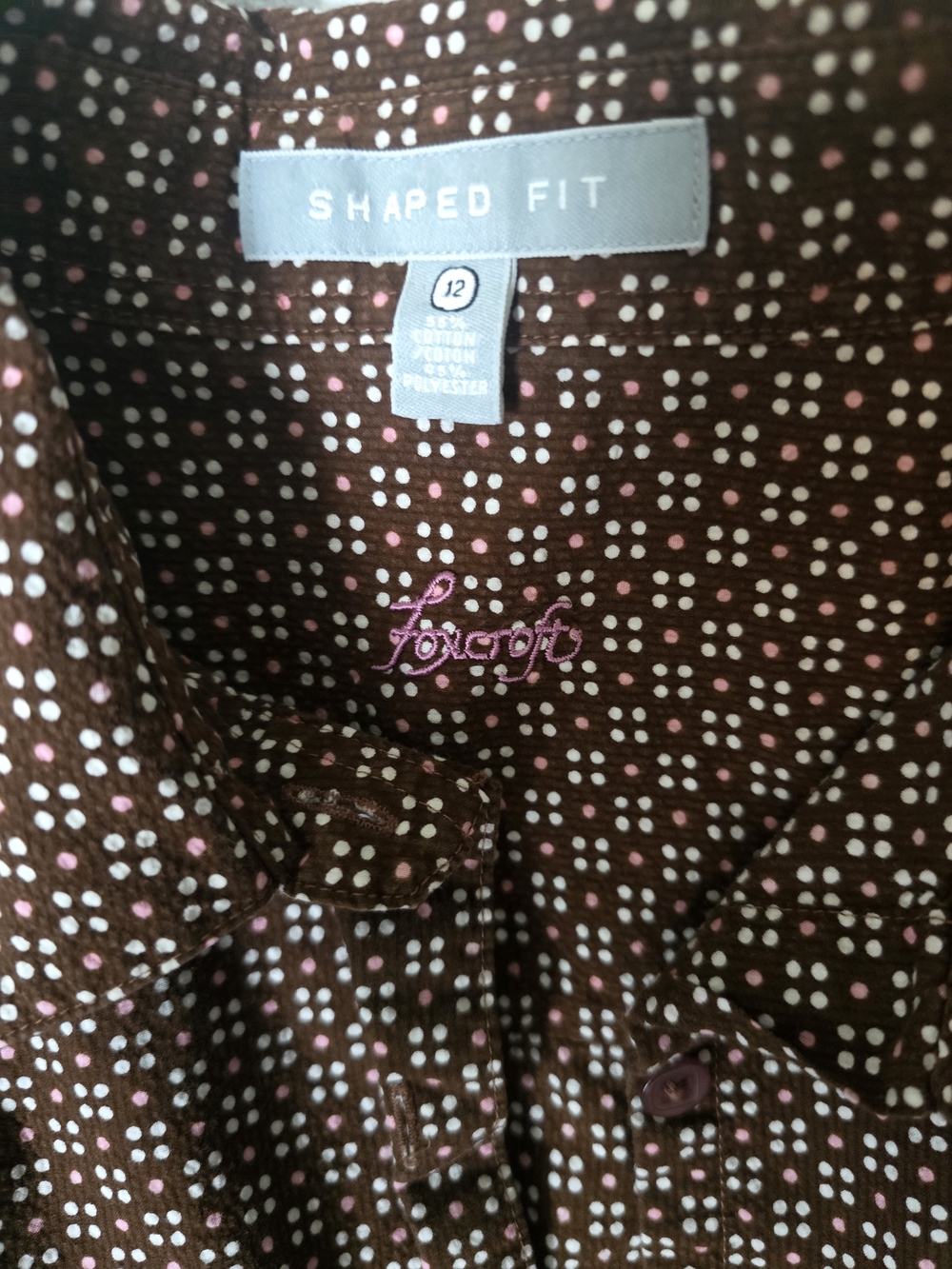 Foxcroft Brown Polka Dot Shaped Fit Women's Shirt Sz 12 EUC Cotton Blend